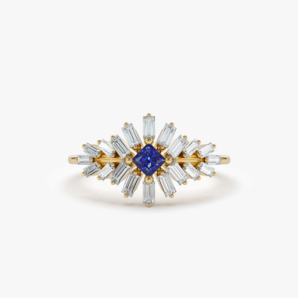 OBFJ2001 - 14K Baguette Diamond Ring with Square Sapphire 1