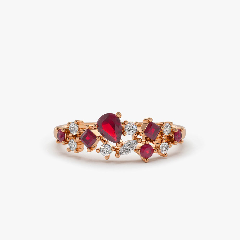 OBFJ2069 - 14k Ruby and Diamond Mixed Shape Cluster Ring 5