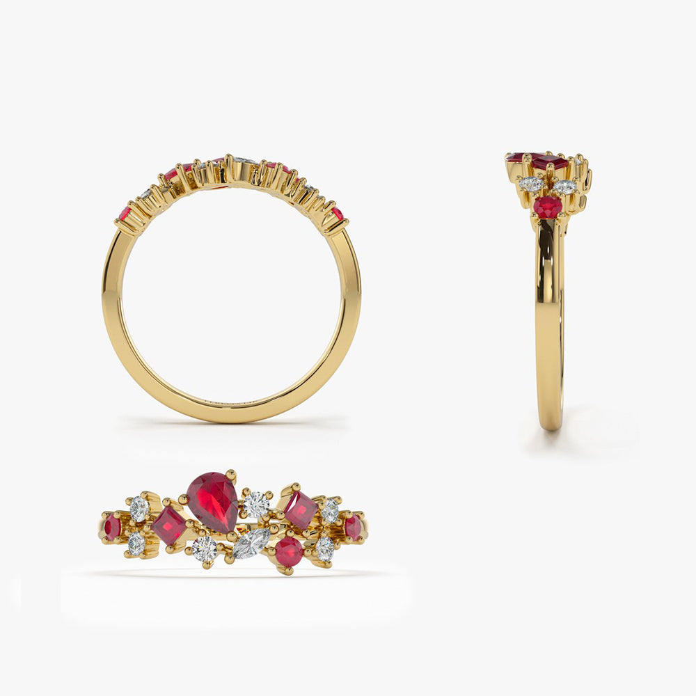 OBFJ2069 - 14k Ruby and Diamond Mixed Shape Cluster Ring 7