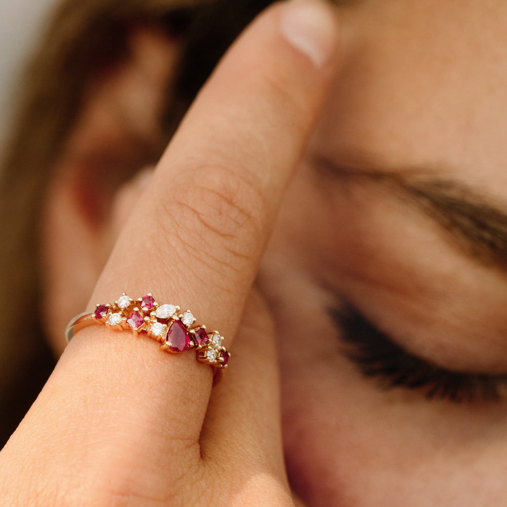 OBFJ2069 - 14k Ruby and Diamond Mixed Shape Cluster Ring 2
