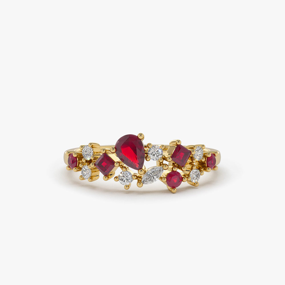OBFJ2069 - 14k Ruby and Diamond Mixed Shape Cluster Ring 1