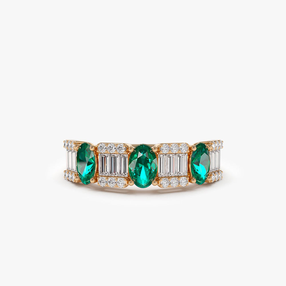 OBFJ2042 - 14K Baguette & Round Diamond with Genuine Emerald Ring 6