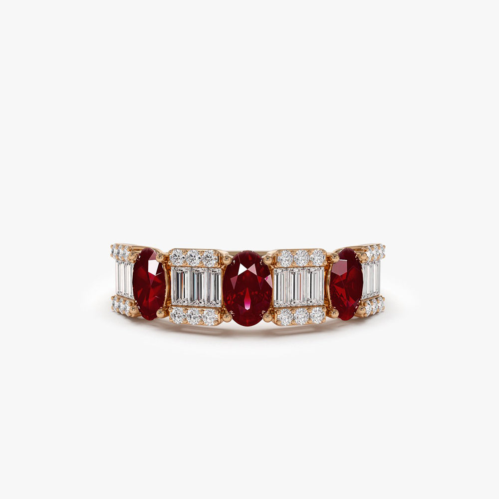 OBFJ0009 - Baguette & Round Diamond with Genuine Ruby Ring - 14K Rose Gold 1