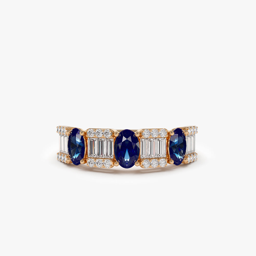 OBFJ0007 - Baguette & Round Diamond with Genuine Sapphire Ring - 14K Rose Gold 1