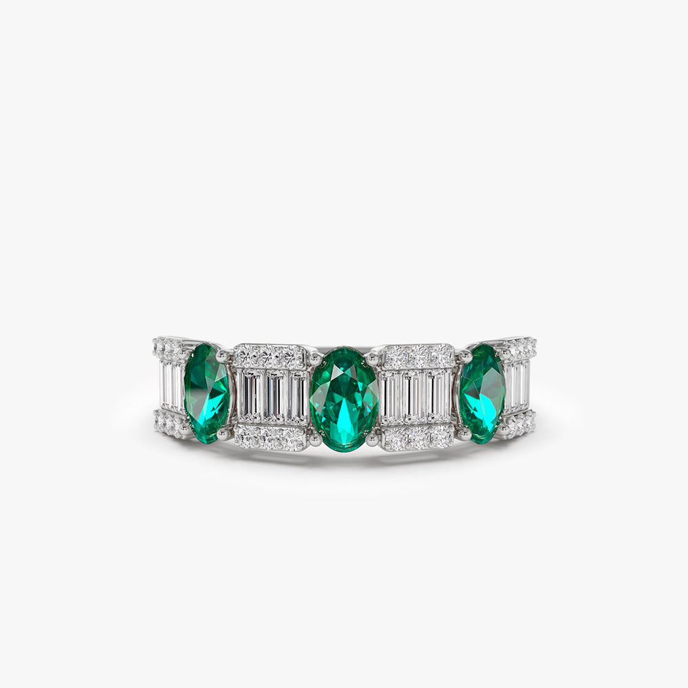 OBFJ2042 - 14K Baguette & Round Diamond with Genuine Emerald Ring 7