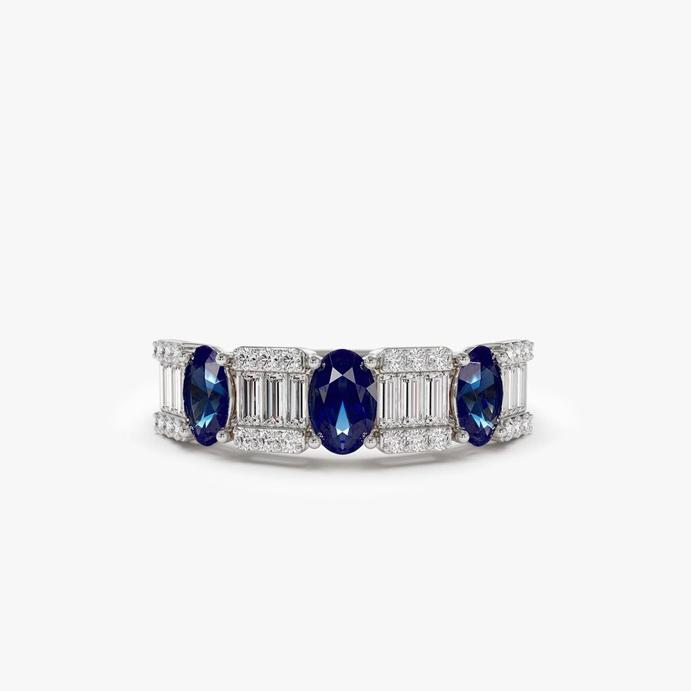 OBFJ2147 - 14K Baguette & Round Diamond with Genuine Sapphire Ring 7