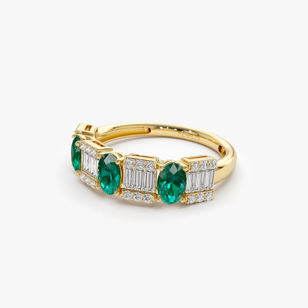 OBFJ2042 - 14K Baguette & Round Diamond with Genuine Emerald Ring 8