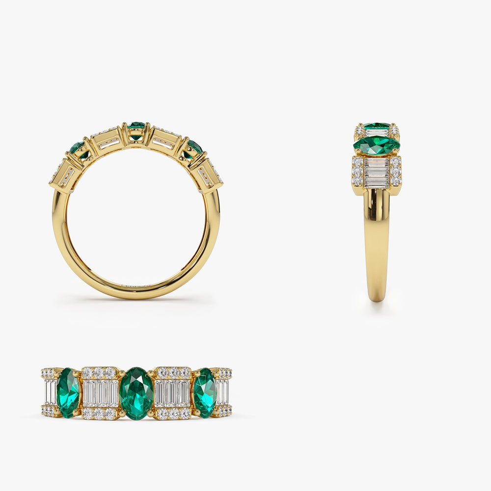OBFJ2042 - 14K Baguette & Round Diamond with Genuine Emerald Ring 9