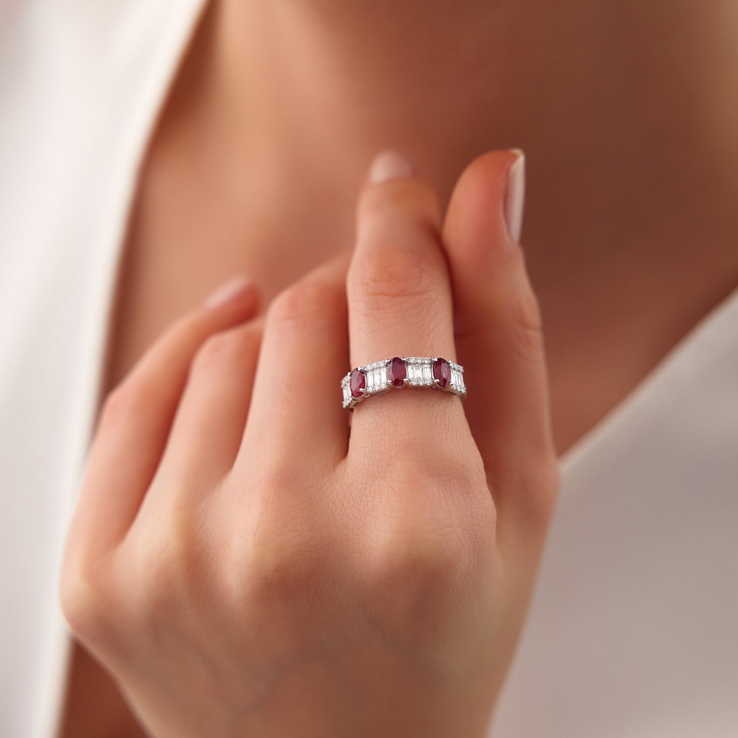 OBFJ2043 - 14K Baguette & Round Diamond with Genuine Ruby Ring 2