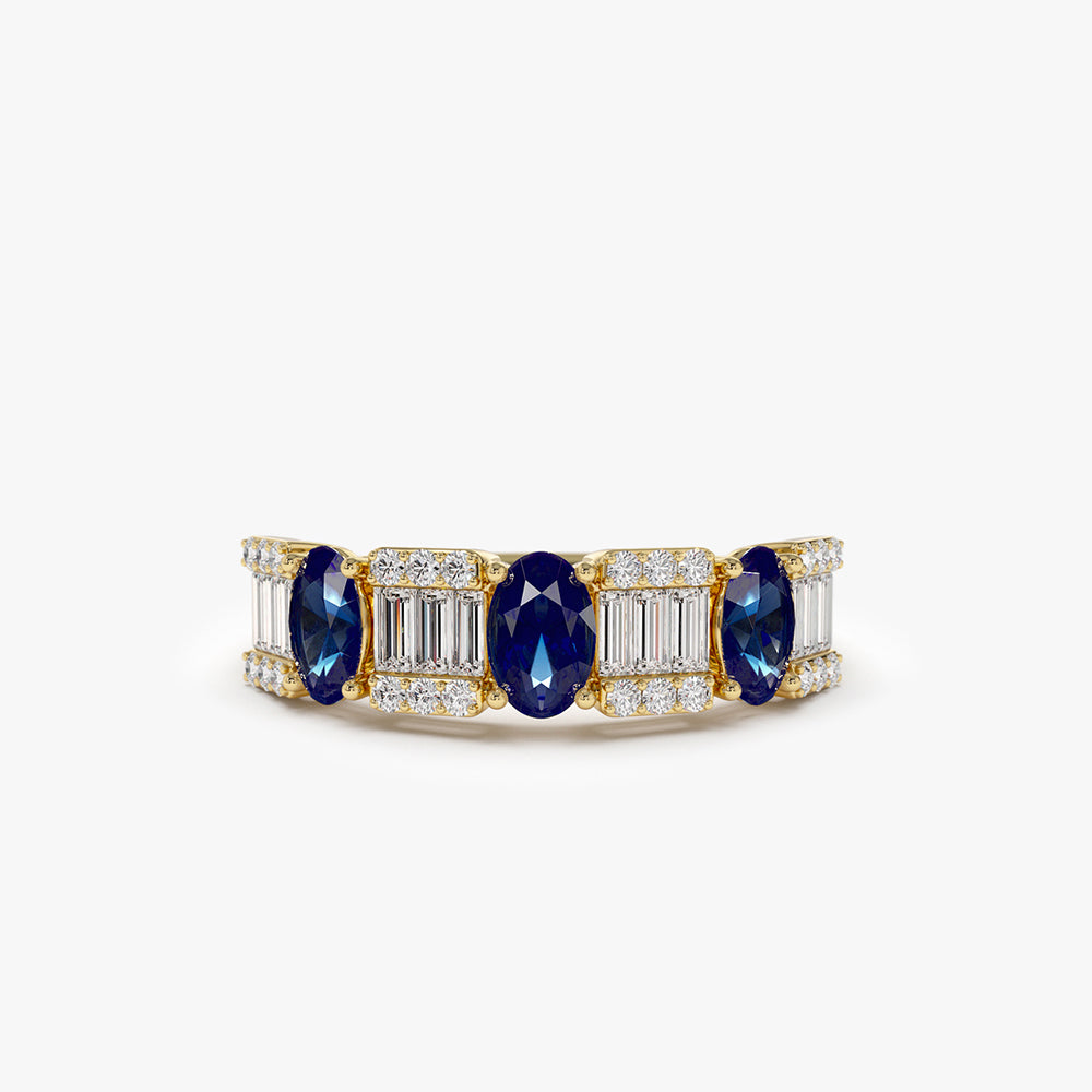OBFJ2147 - 14K Baguette & Round Diamond with Genuine Sapphire Ring 1