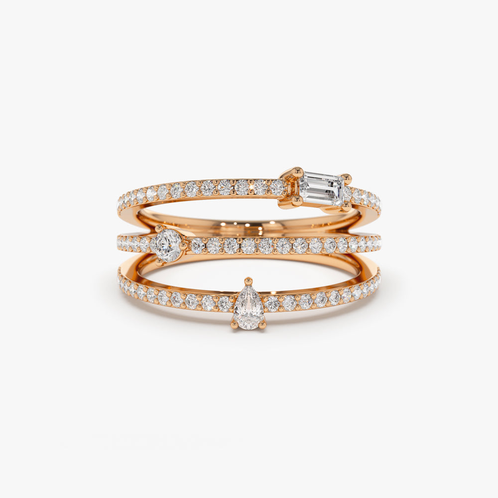OBFJ2168 - 14k Gold Triple Row Mix Diamond Statement Ring 5