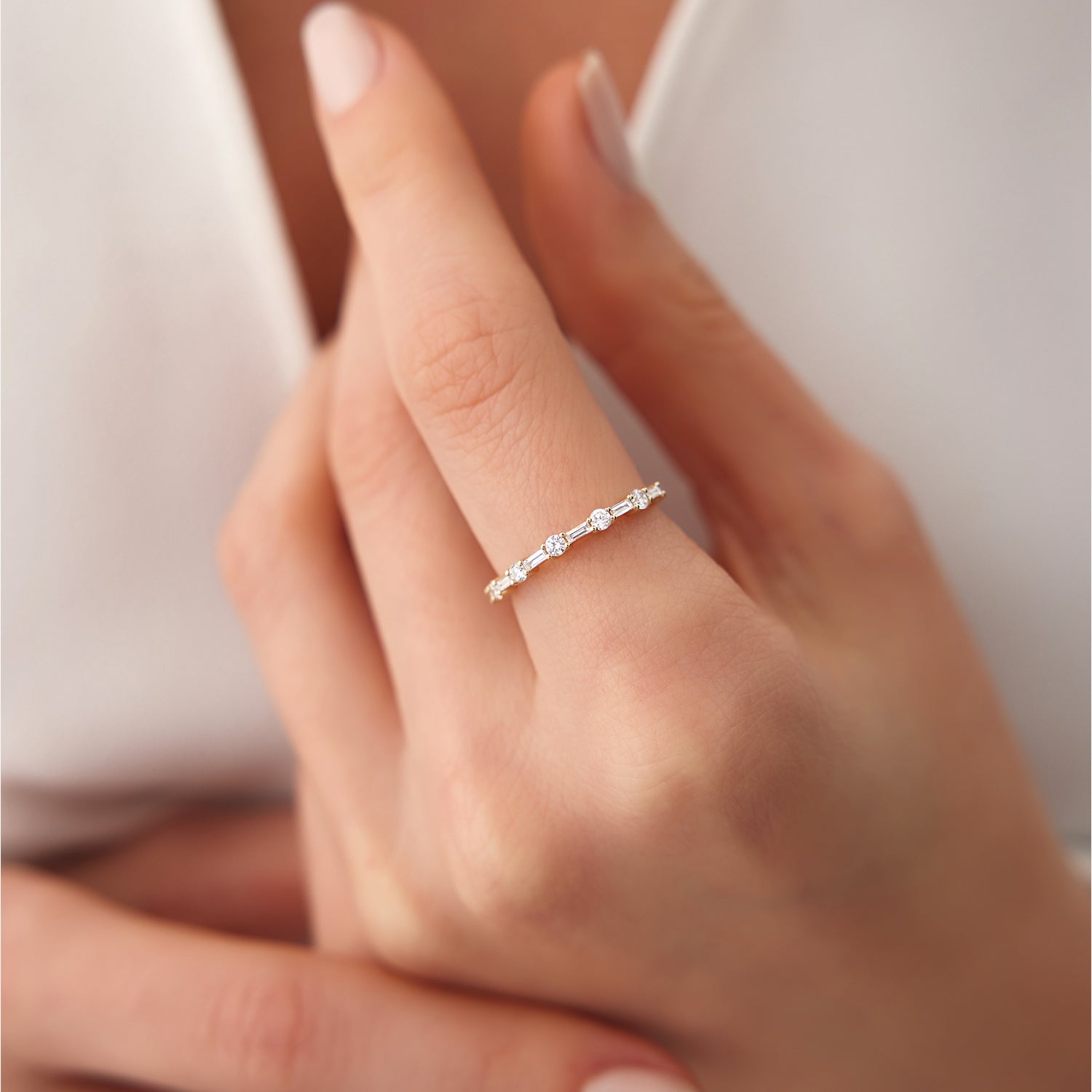 OBFJ2201 - 14k Baguette and Round Diamond Alternating Ring 2