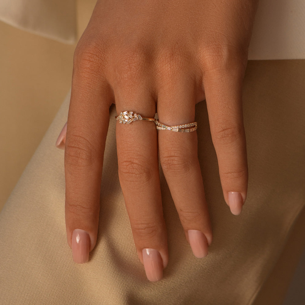 OBFJ2196 - 14k Mix Baguette and Round Diamond Crossover Ring 5