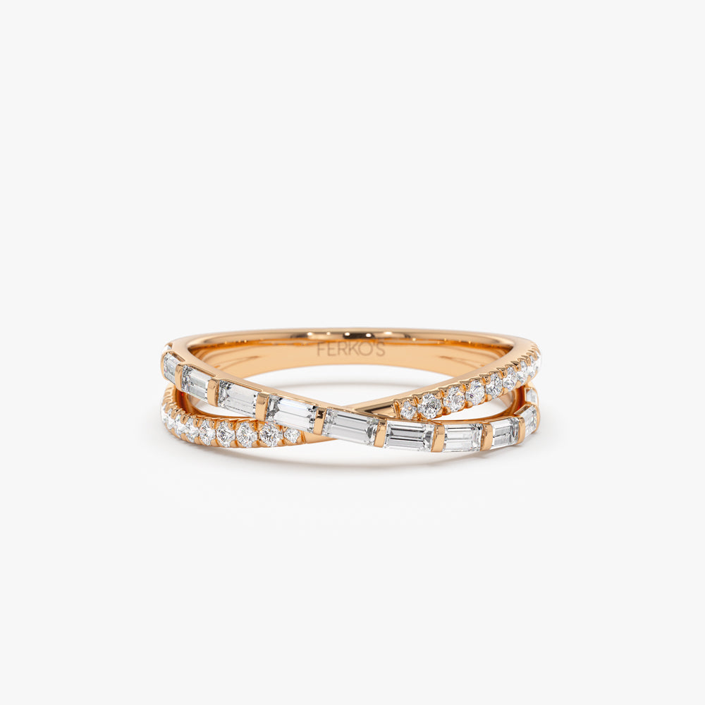 OBFJ2196 - 14k Mix Baguette and Round Diamond Crossover Ring 6