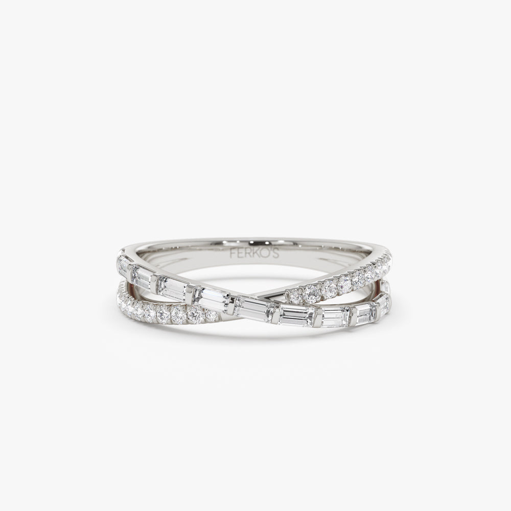 OBFJ2196 - 14k Mix Baguette and Round Diamond Crossover Ring 7