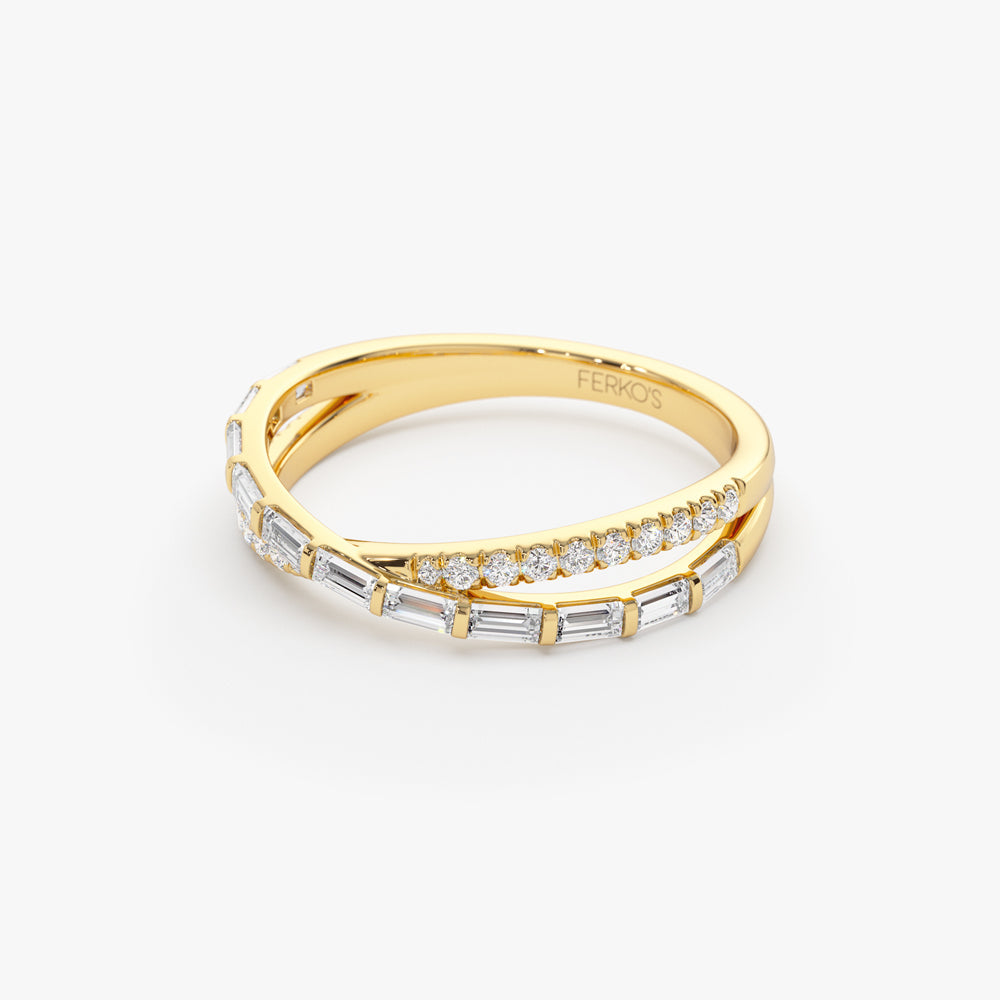 OBFJ2196 - 14k Mix Baguette and Round Diamond Crossover Ring 8