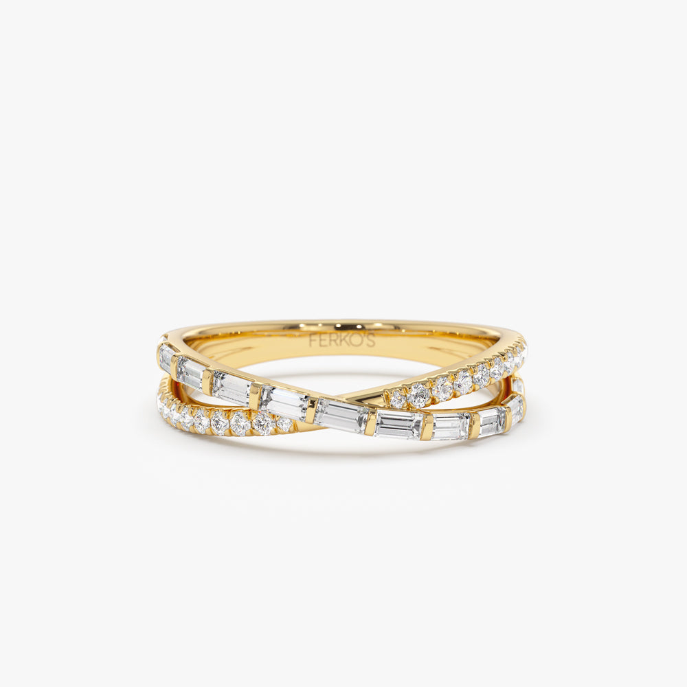 OBFJ2196 - 14k Mix Baguette and Round Diamond Crossover Ring 1