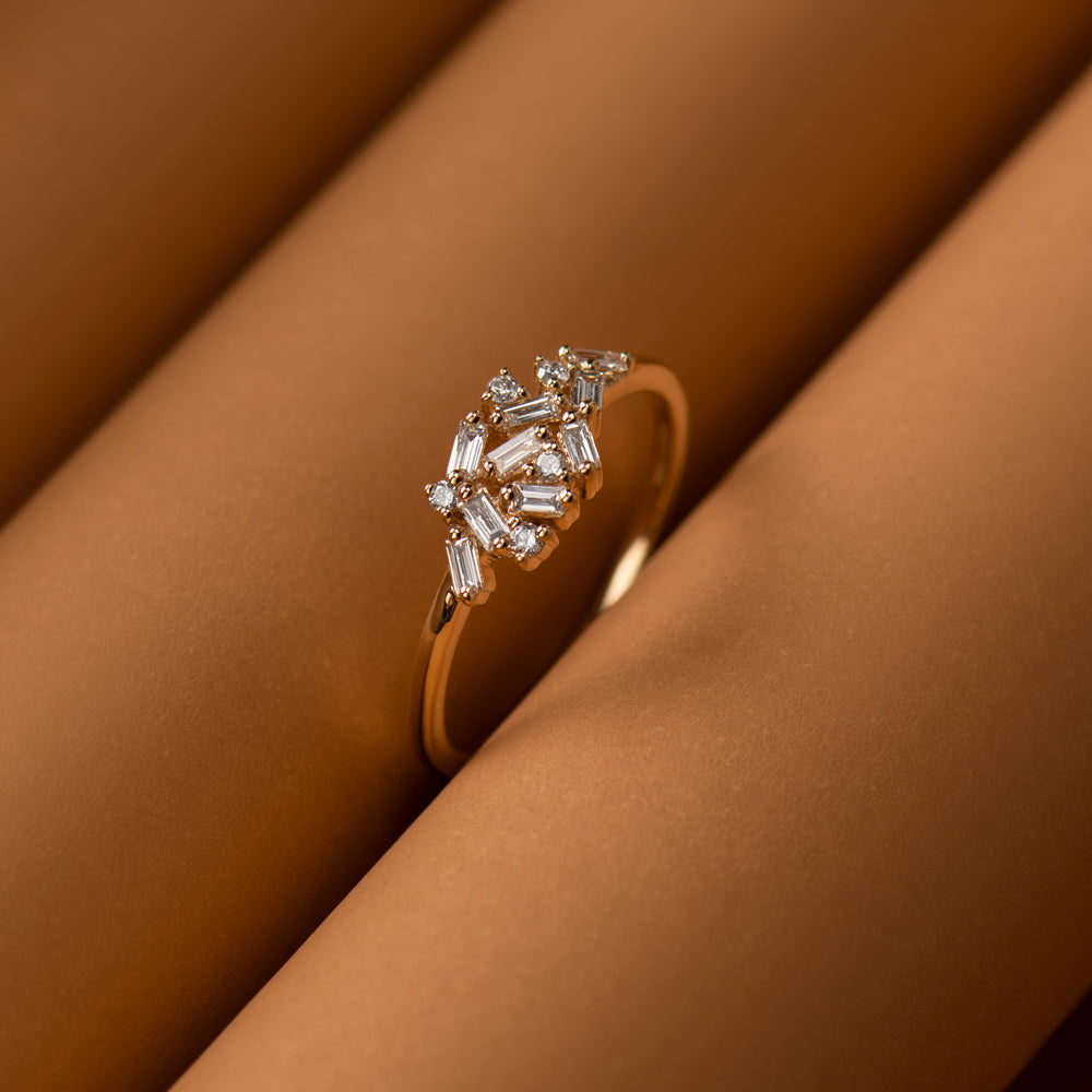 OBFJ2200 - 14k Baguette and Round Diamond Dainty Cluster Ring 5