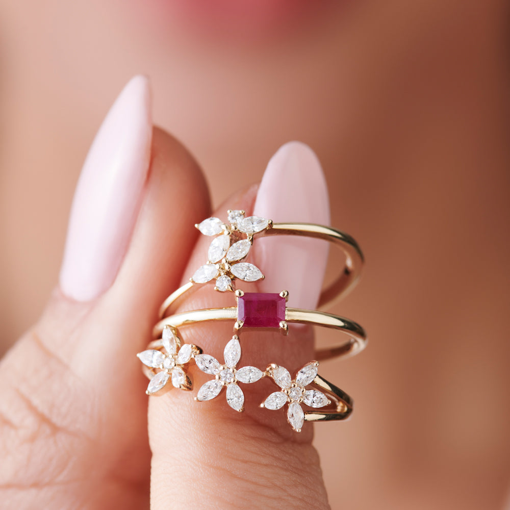 OBFJ2255 - 14k Marquise Diamond Multi-Flower Ring 2