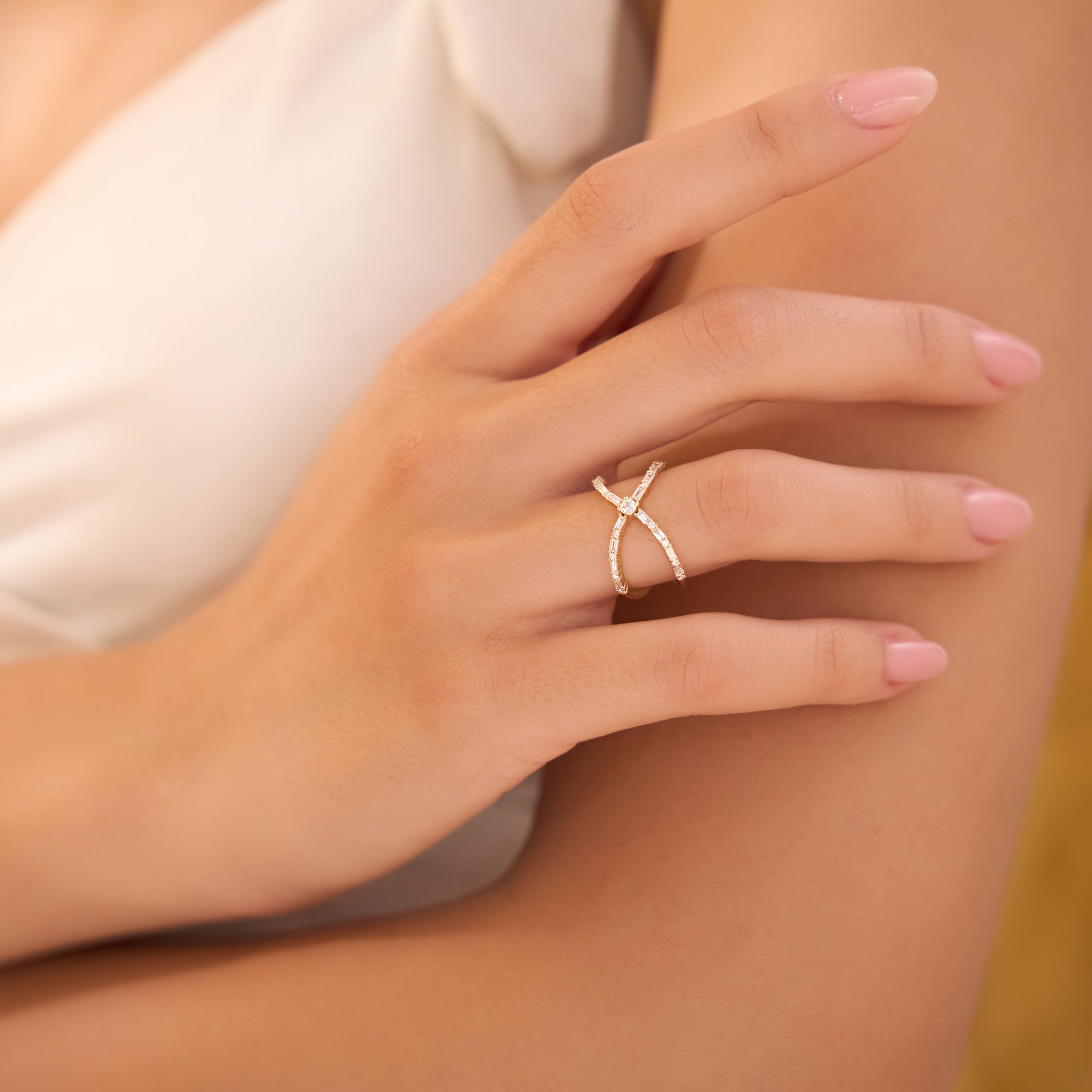 OBFJ2237 - Baguette & Round Diamond Crisscross Ring in 14k Gold 5
