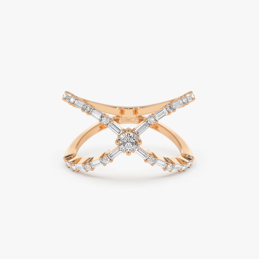 OBFJ2237 - Baguette & Round Diamond Crisscross Ring in 14k Gold 7