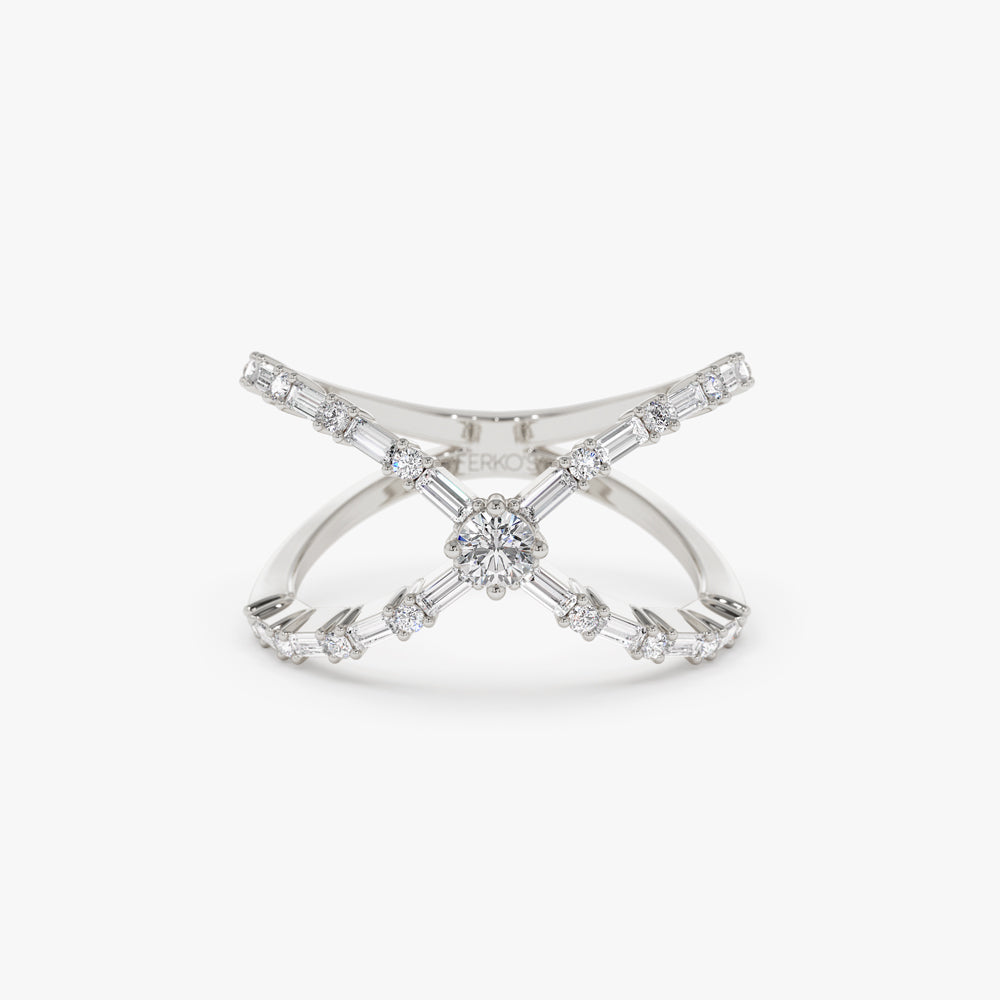 OBFJ2237 - Baguette & Round Diamond Crisscross Ring in 14k Gold 8