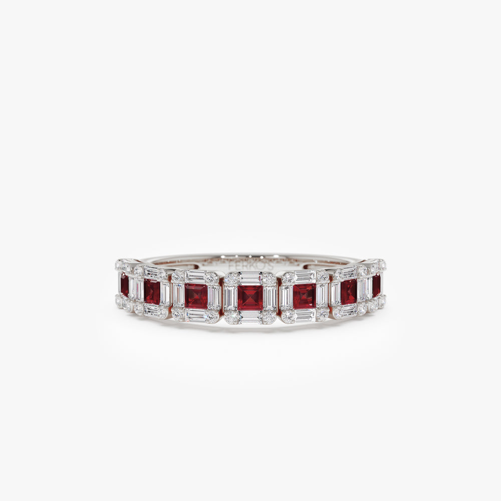 OBFJ2259 - 14k Princess Cut Ruby W/ Baguette and Round Diamond Ring 7