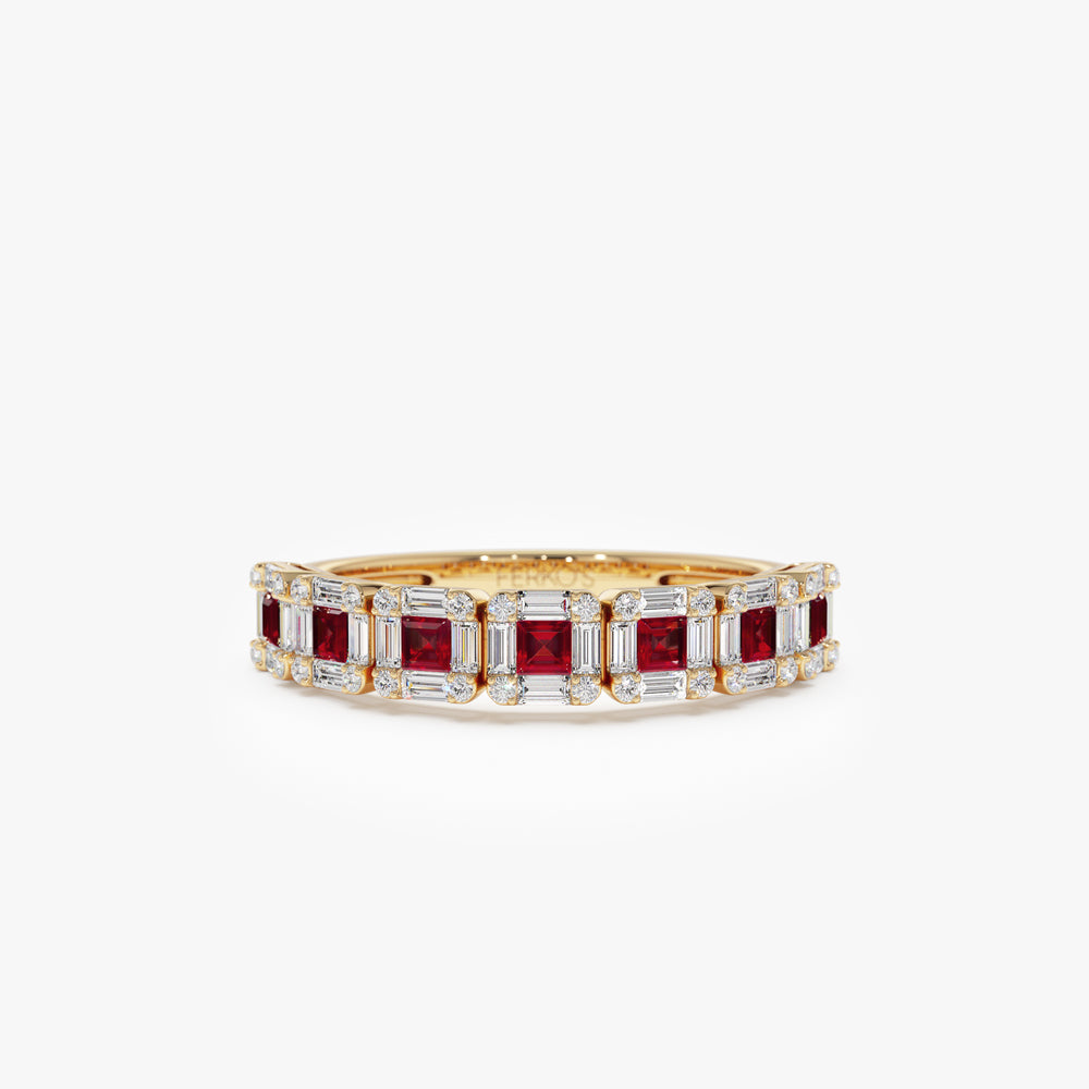 OBFJ2259 - 14k Princess Cut Ruby W/ Baguette and Round Diamond Ring 1