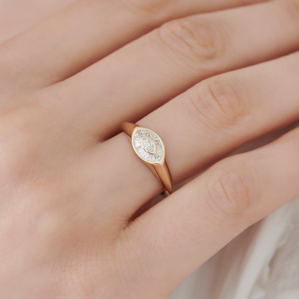 OBFJ1554 - 14k Gold Marquise Shape Baguette Diamond Ring 2