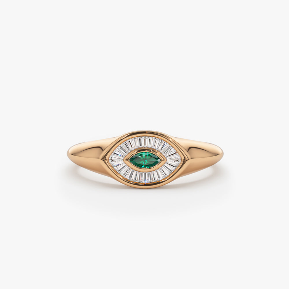 OBFJ1552 - 14k Marquise Shaped Emerald and Baguette Diamond Ring 6