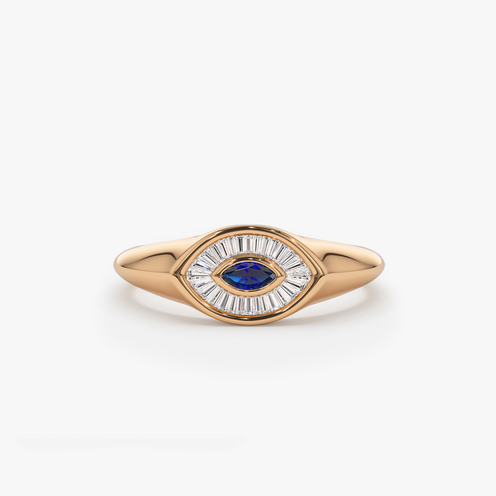 OBFJ1553 - 14k Marquise Shaped Sapphire and Baguette Diamond Ring 5