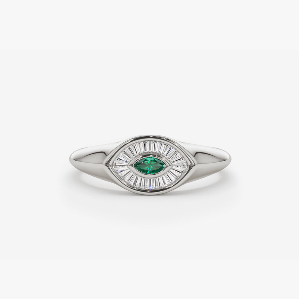 OBFJ1552 - 14k Marquise Shaped Emerald and Baguette Diamond Ring 7