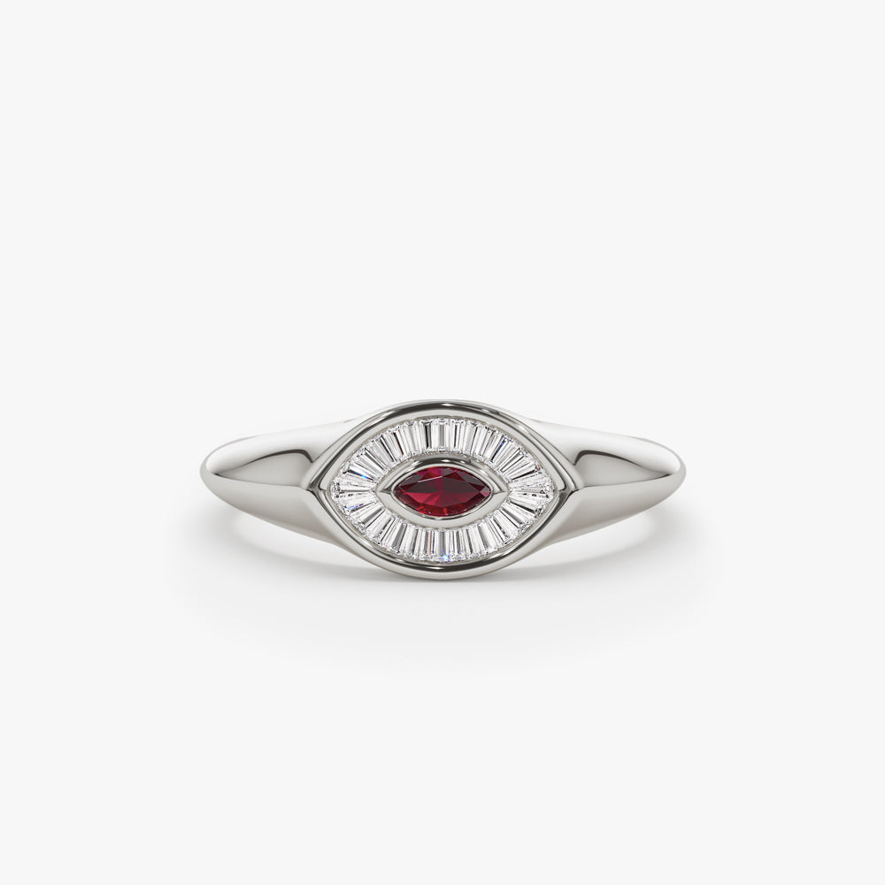 OBFJ1551 - 14k Marquise Shaped Ruby and Baguette Diamond Ring 5