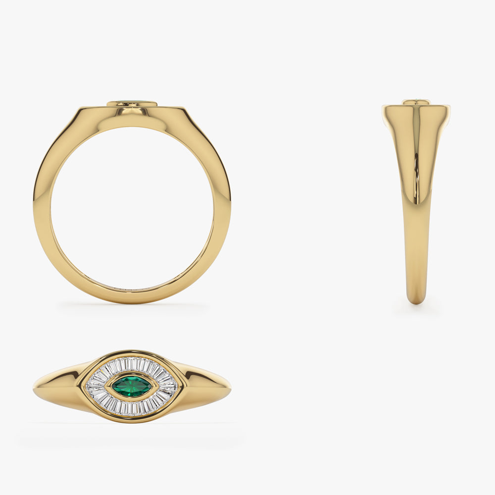 OBFJ1552 - 14k Marquise Shaped Emerald and Baguette Diamond Ring 9