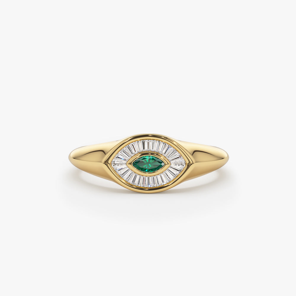OBFJ1552 - 14k Marquise Shaped Emerald and Baguette Diamond Ring 1