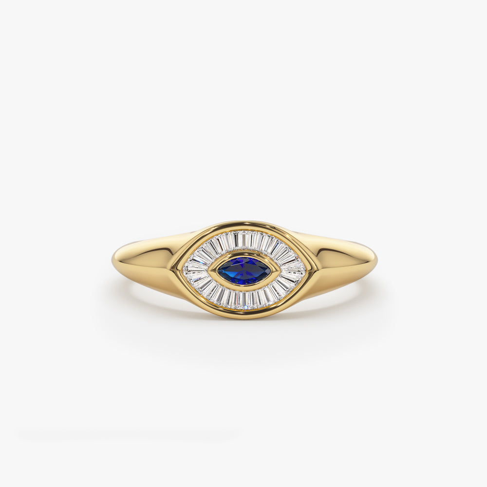 OBFJ1553 - 14k Marquise Shaped Sapphire and Baguette Diamond Ring 1