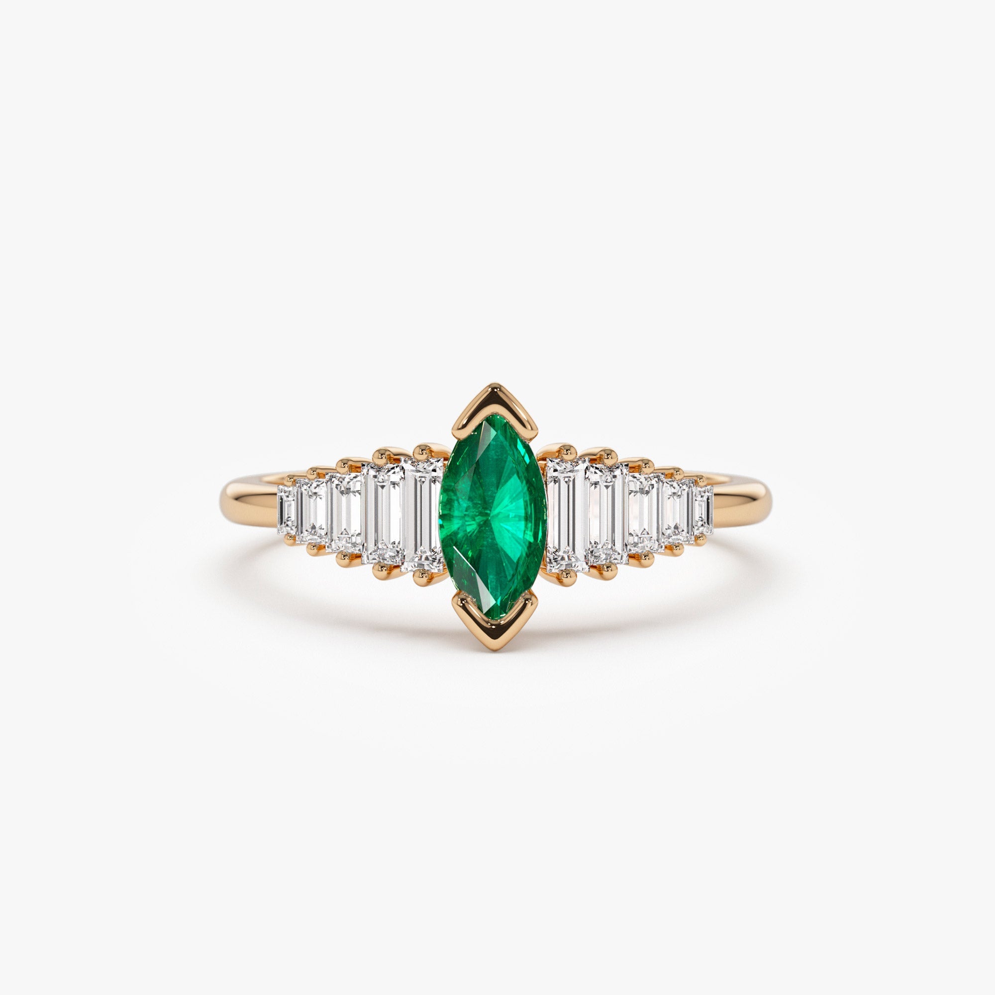 OBFJ1214 - 14k Gold Marquise Shape Emerald  Ring with Baguette Accents 7