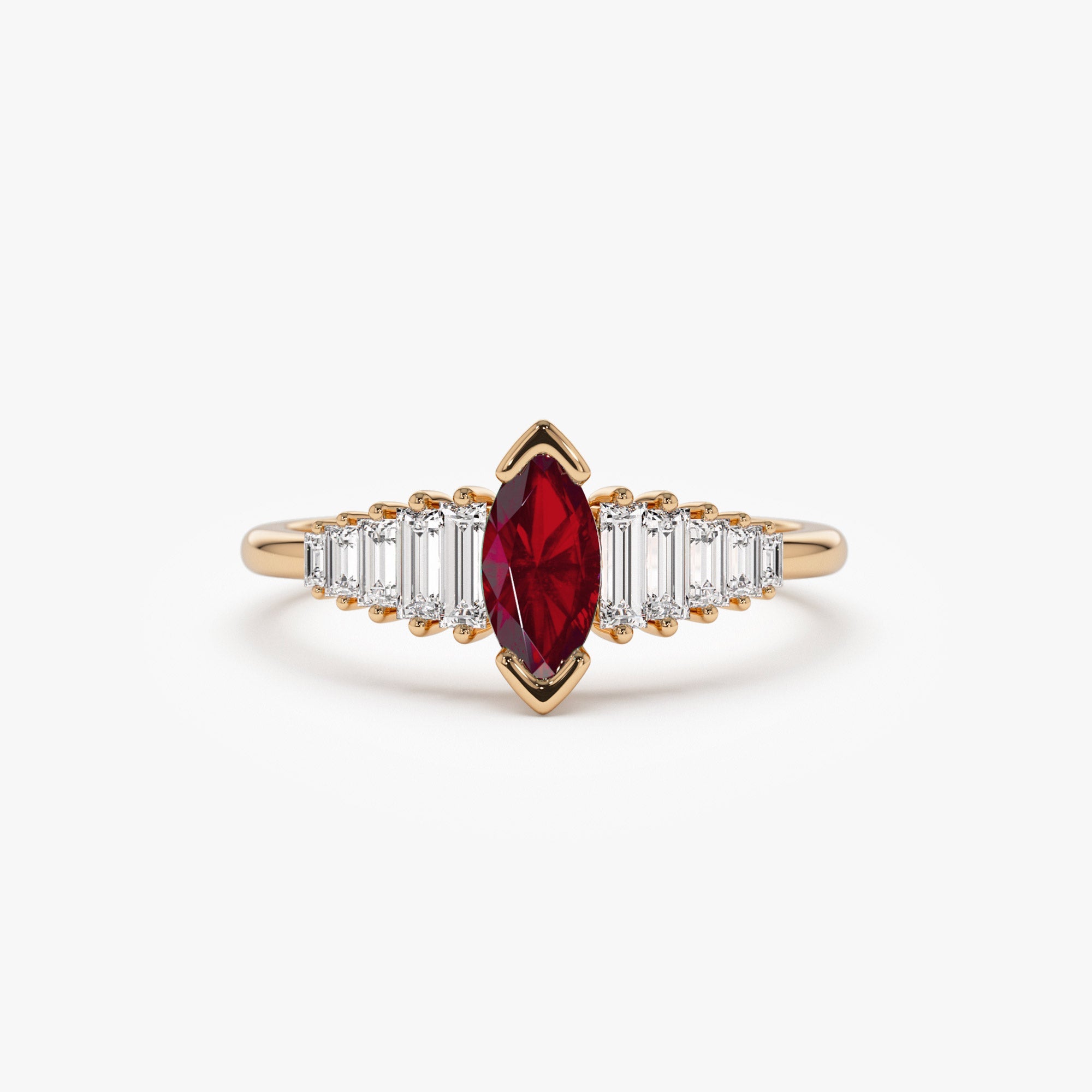 OBFJ1213 - 14k Gold Marquise Shape Ruby  Ring with Baguette Accents 6