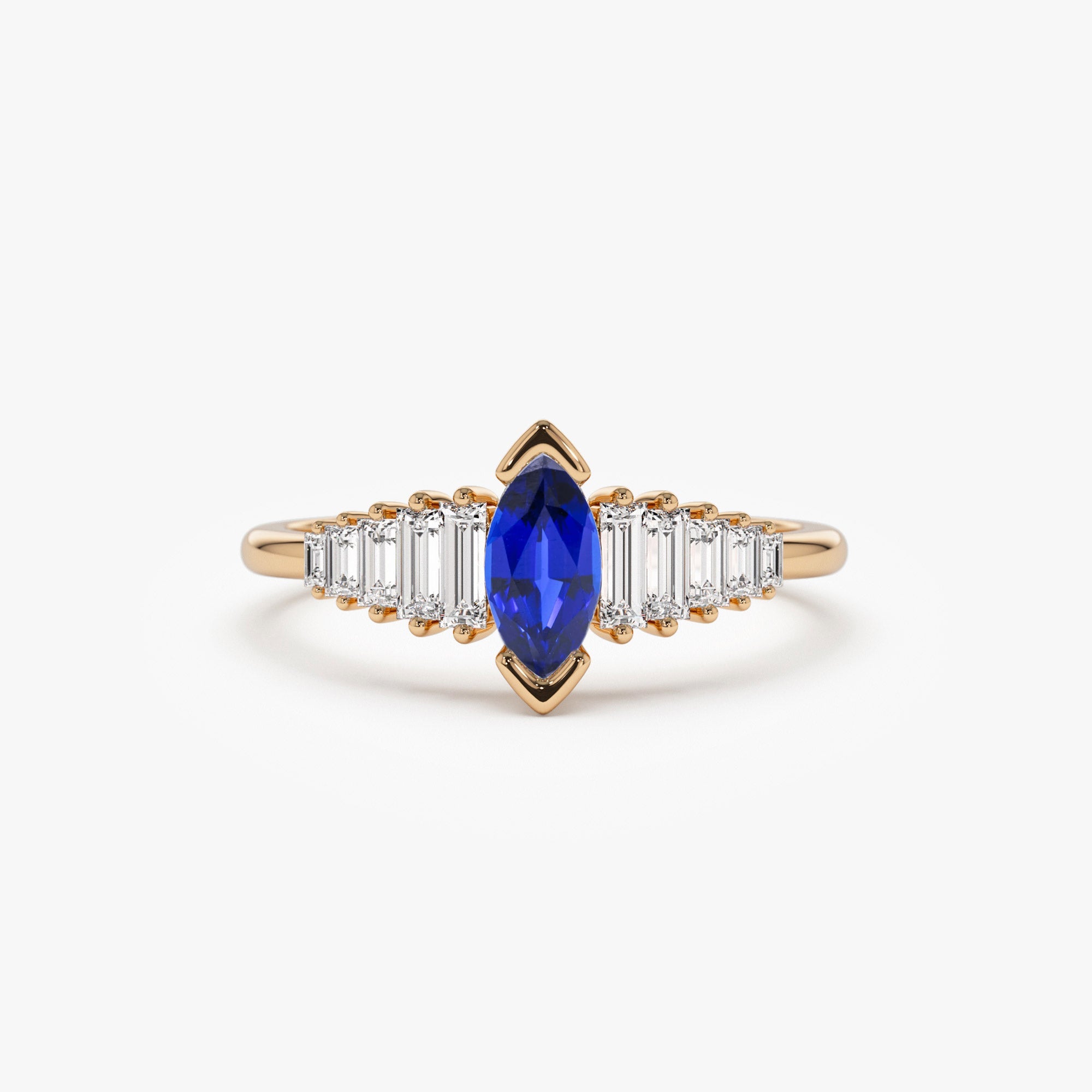 OBFJ1212 - 14k Gold Marquise Shape Sapphire  Ring with Baguette Accents 4