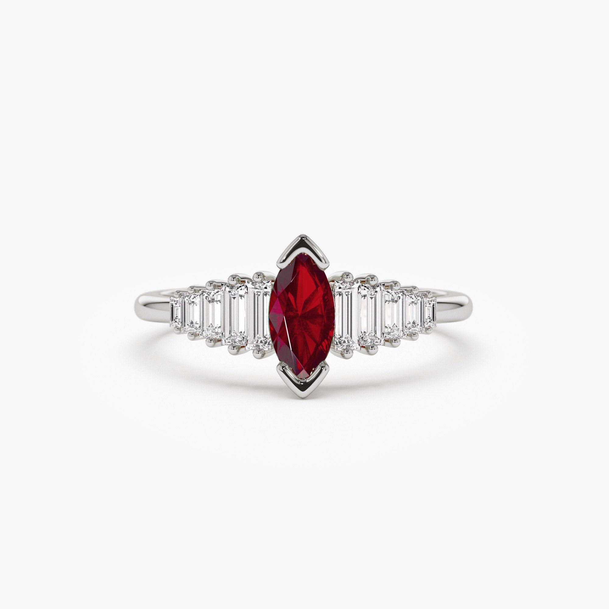 OBFJ1213 - 14k Gold Marquise Shape Ruby  Ring with Baguette Accents 5