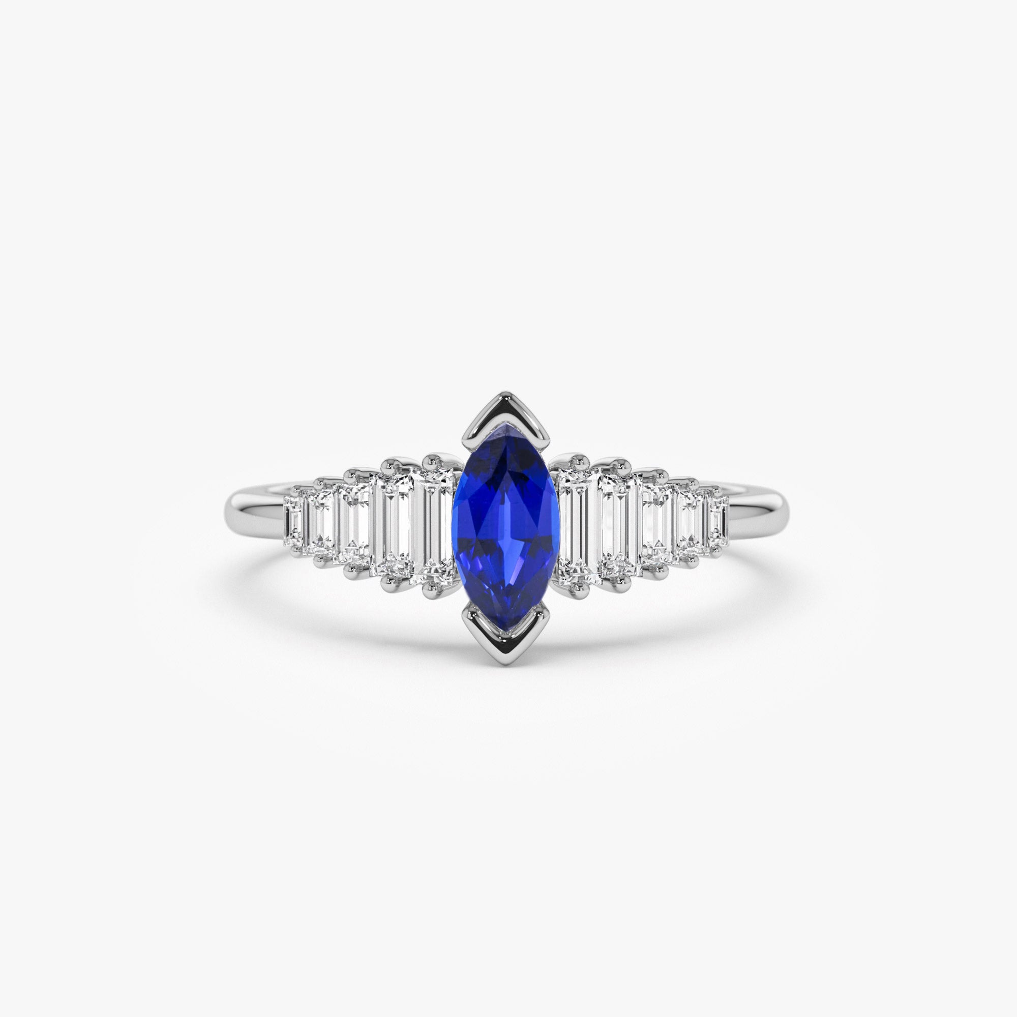 OBFJ1212 - 14k Gold Marquise Shape Sapphire  Ring with Baguette Accents 5