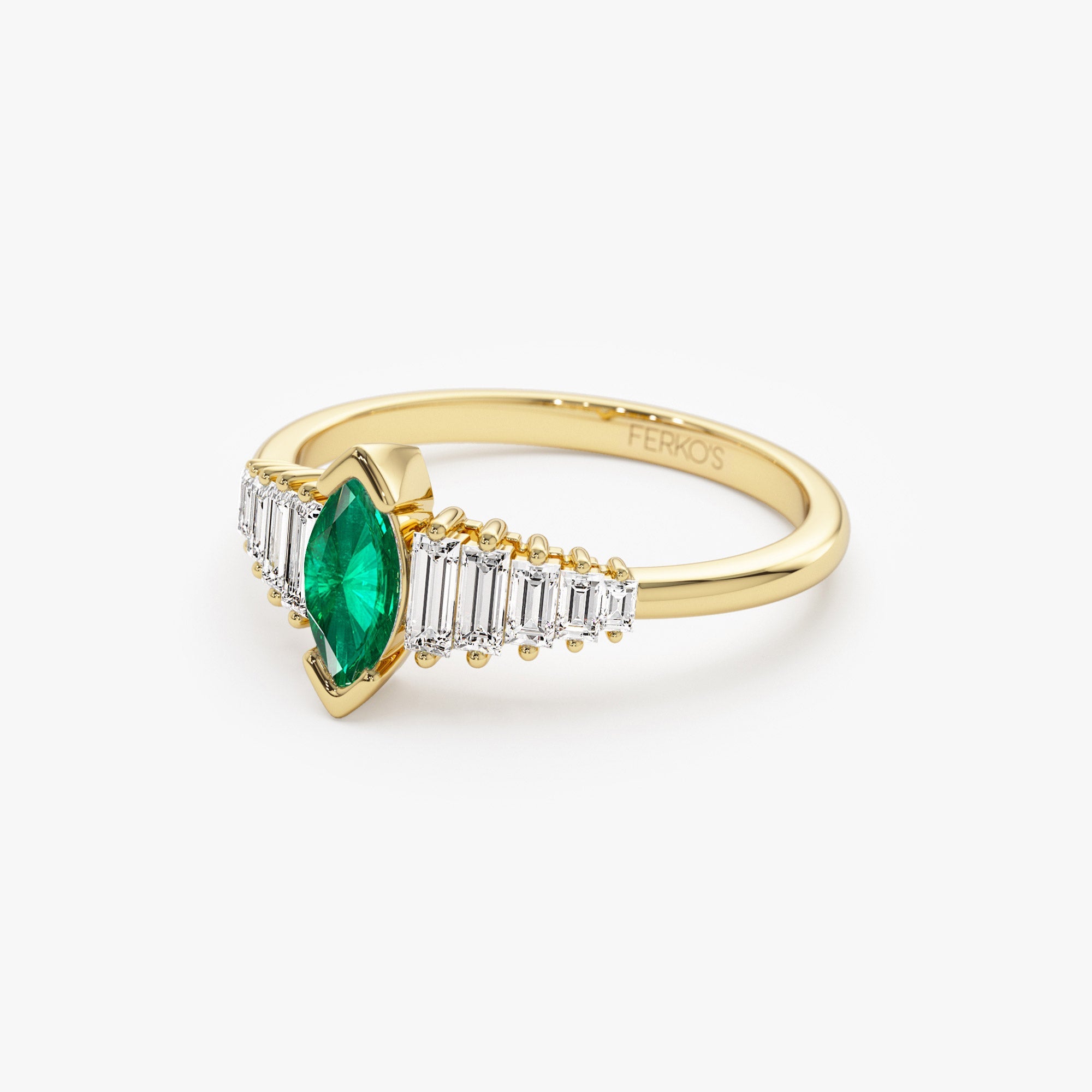 OBFJ1214 - 14k Gold Marquise Shape Emerald  Ring with Baguette Accents 8