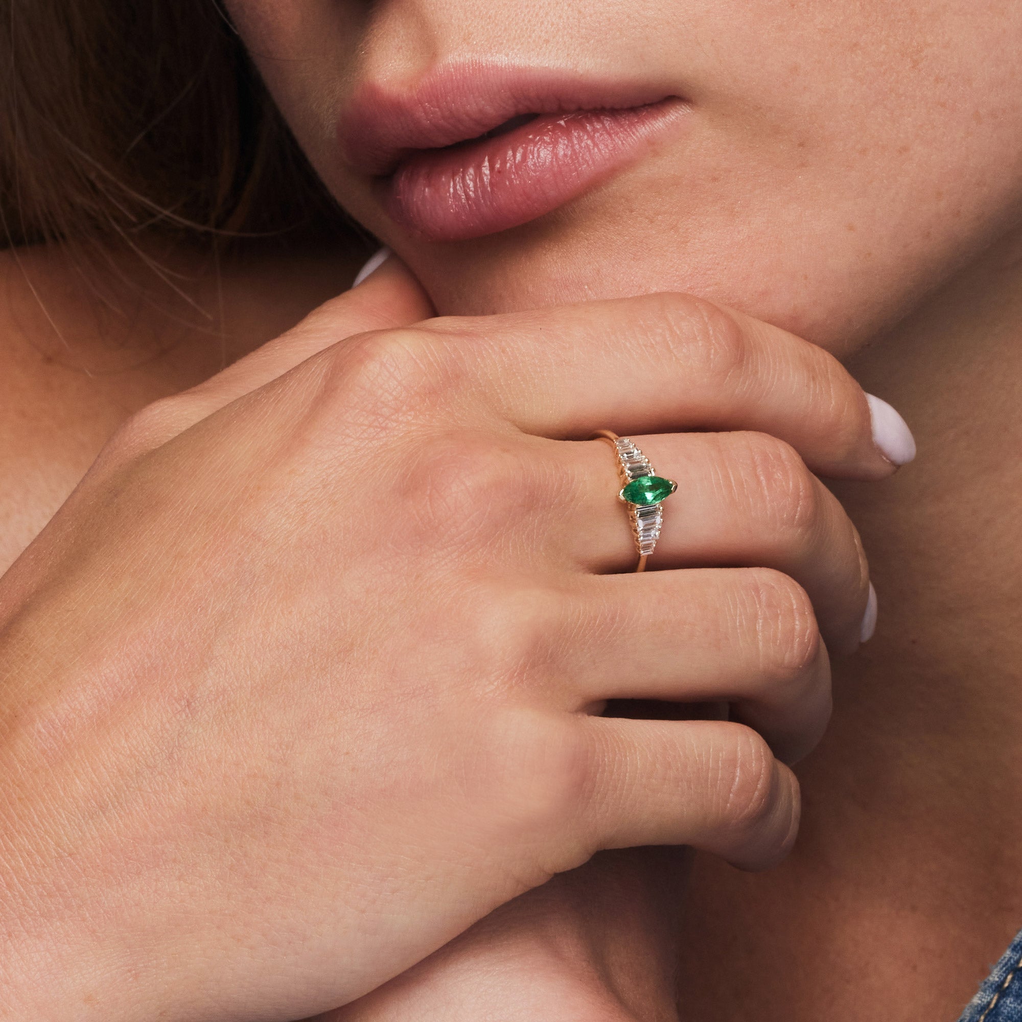 OBFJ1214 - 14k Gold Marquise Shape Emerald  Ring with Baguette Accents 2