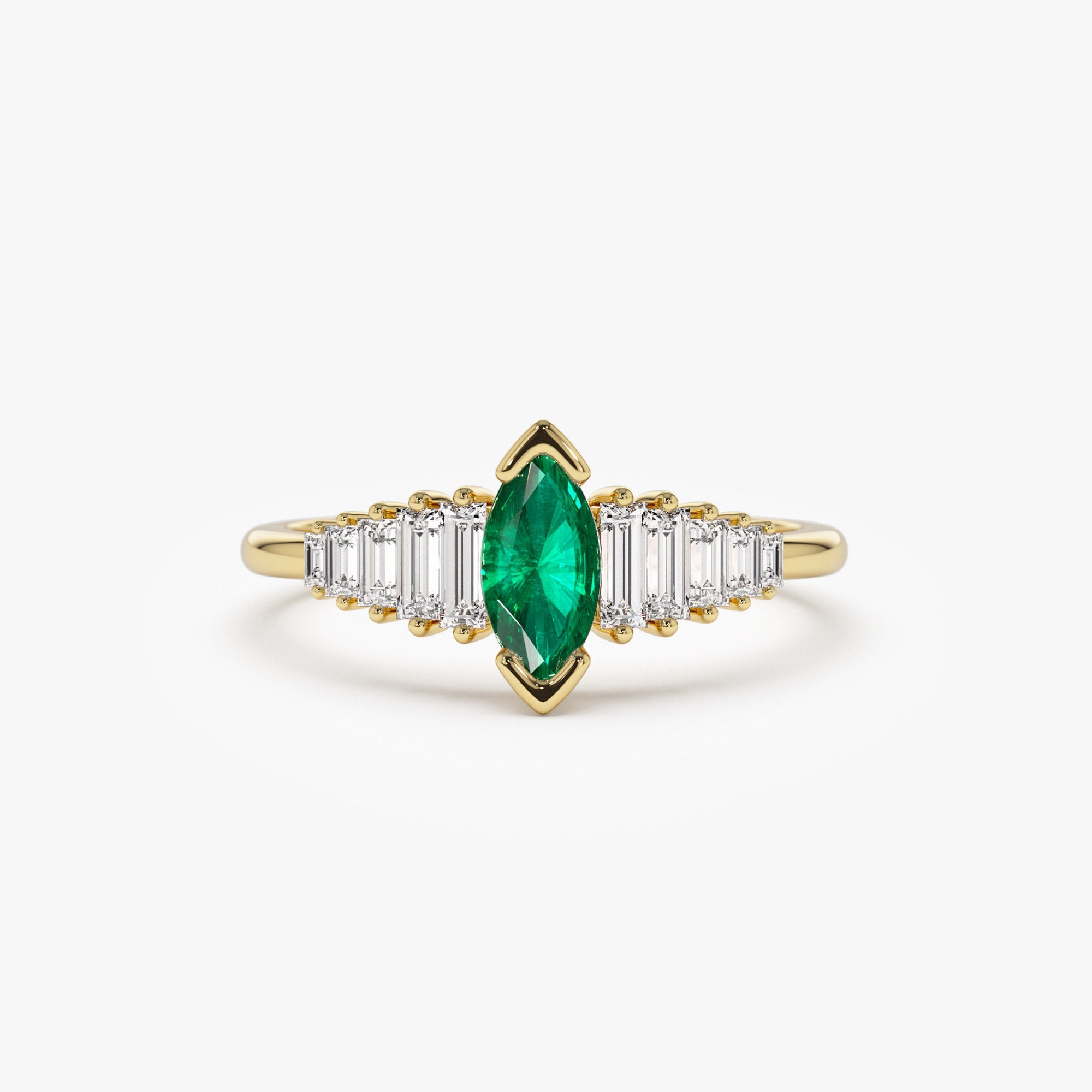 OBFJ1214 - 14k Gold Marquise Shape Emerald  Ring with Baguette Accents 1