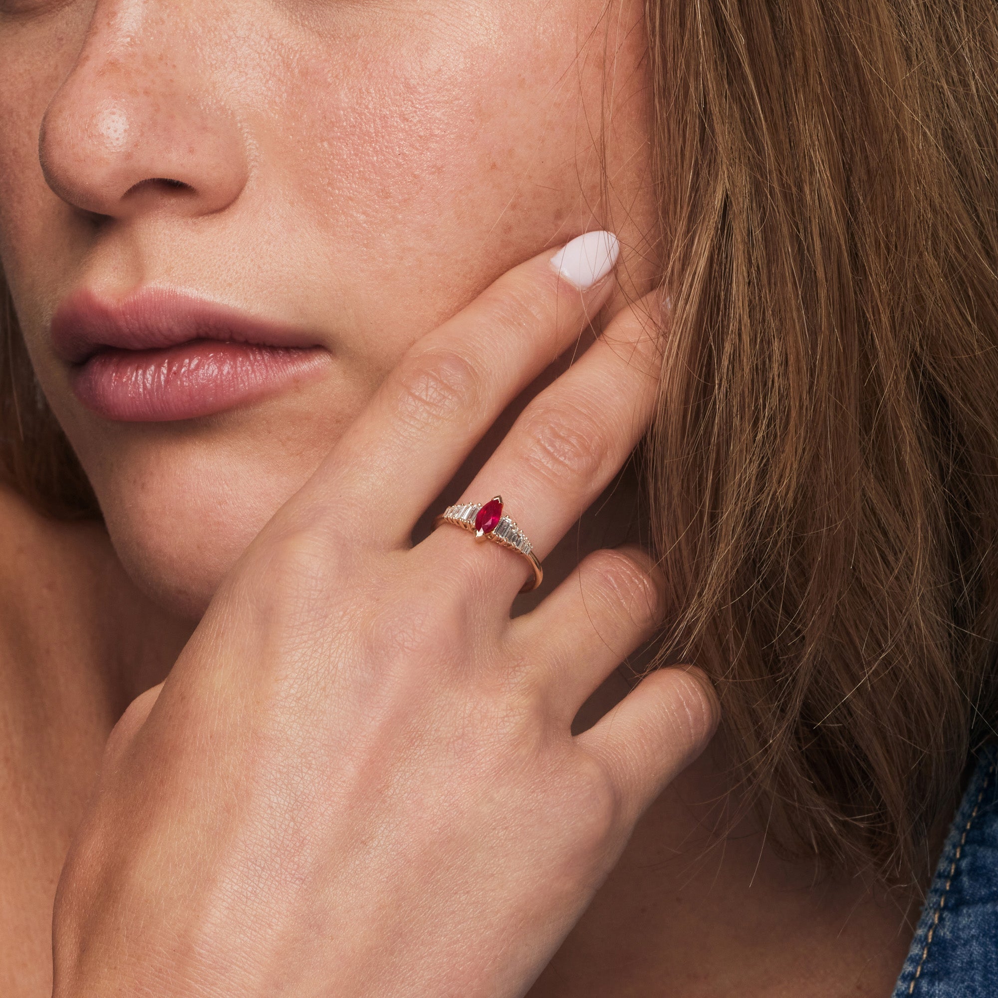 OBFJ1213 - 14k Gold Marquise Shape Ruby  Ring with Baguette Accents 3
