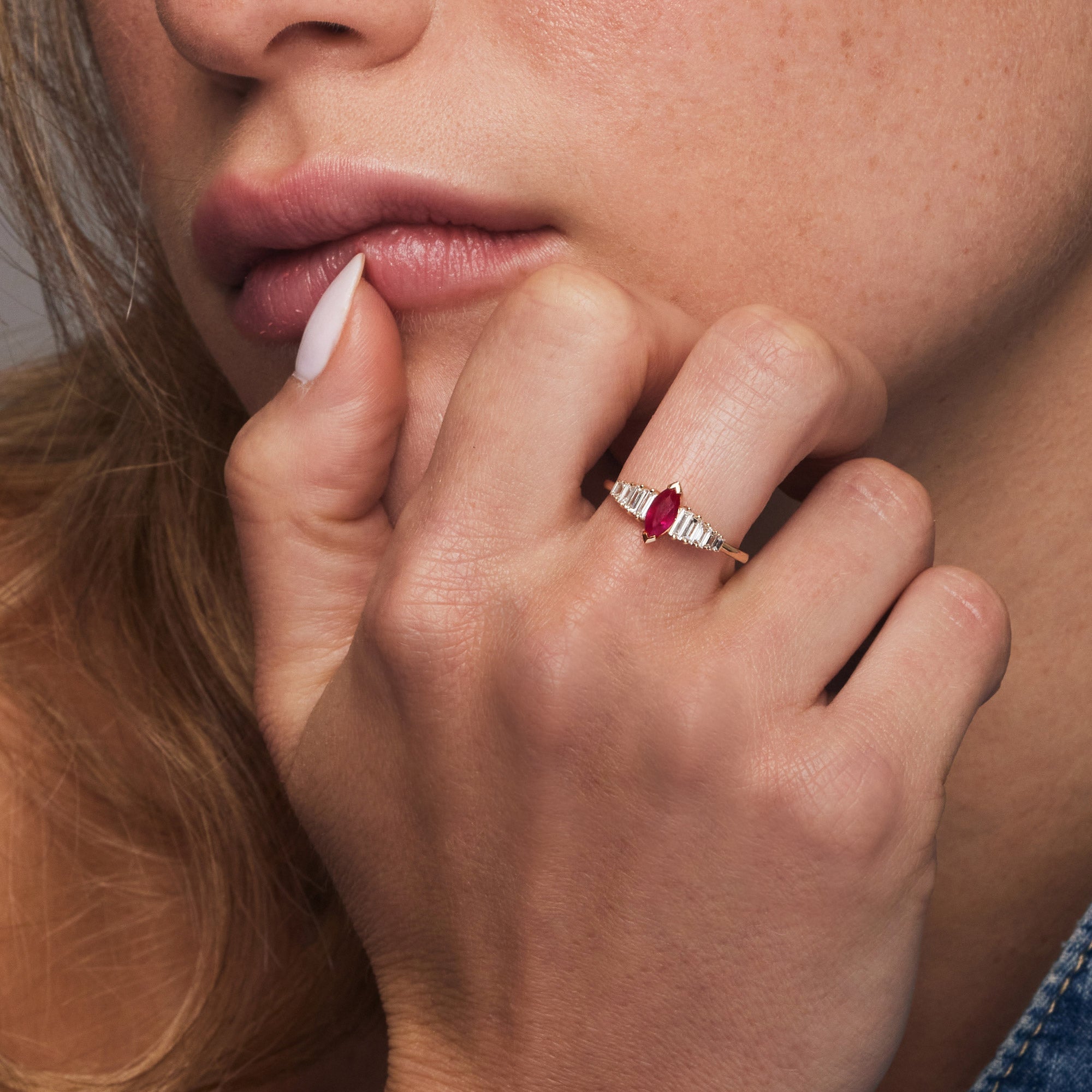 OBFJ1213 - 14k Gold Marquise Shape Ruby  Ring with Baguette Accents 2