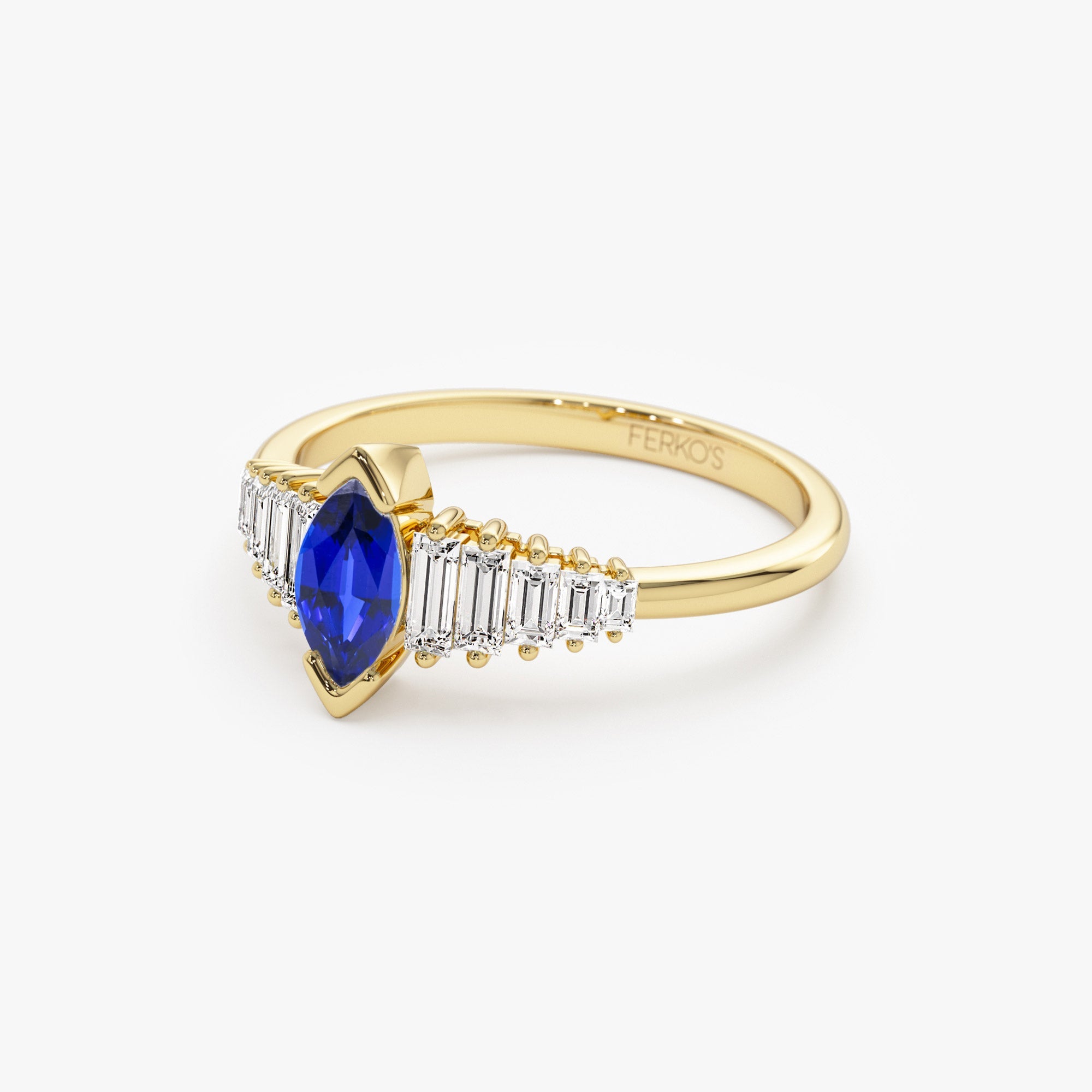 OBFJ1212 - 14k Gold Marquise Shape Sapphire  Ring with Baguette Accents 6