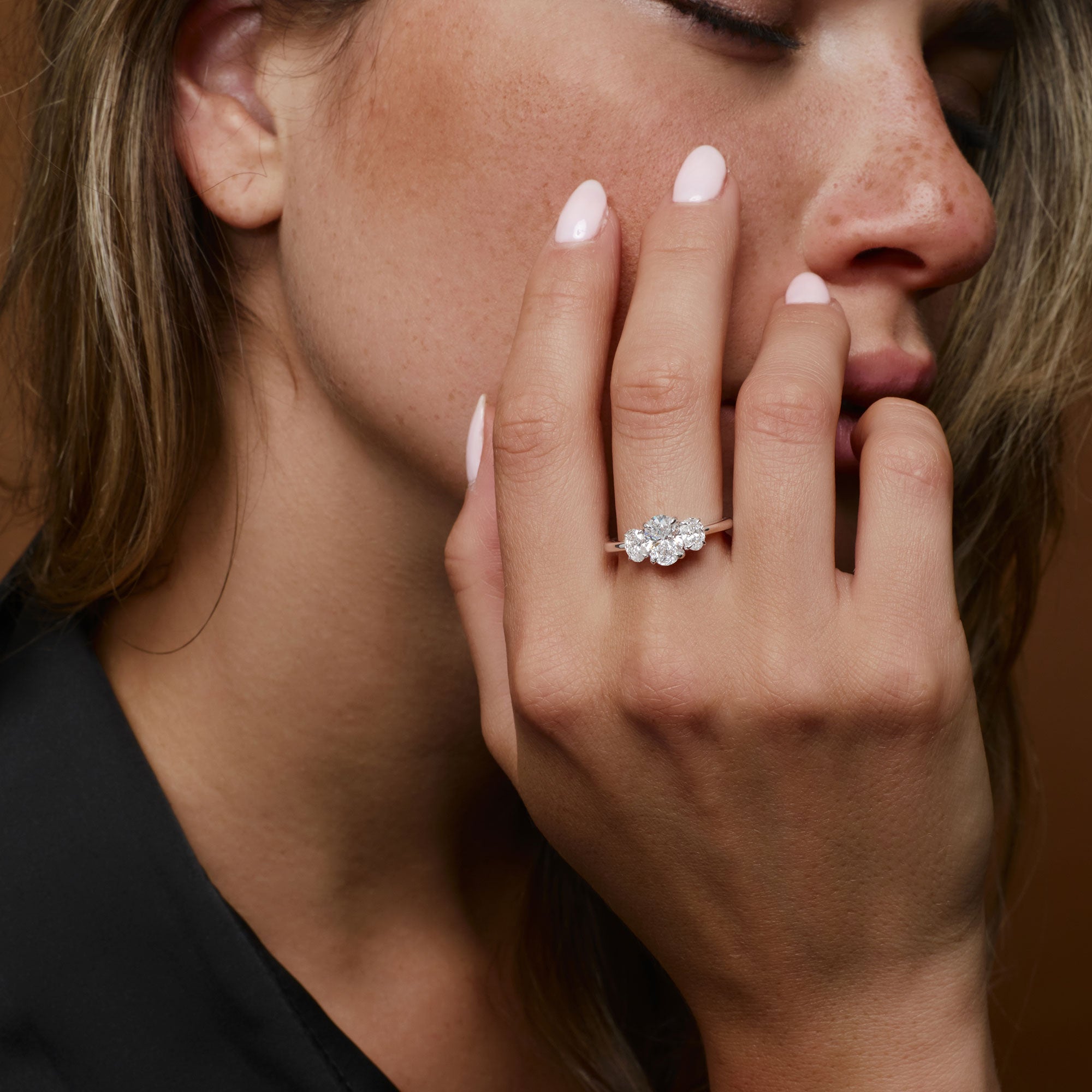 OBFJ0025 - 1.50 ctw Oval Shape Lab Grown Diamond Three Stone Engagement Ring - Serena -14K White Gold 2