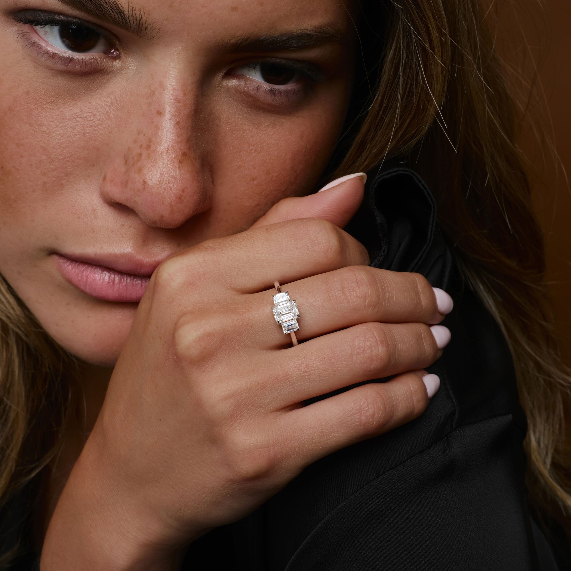 OBFJ1405 - 1.50 ctw 14k Emerald Cut Lab Grown Diamond Three Stone Engagement Ring - Julie 3