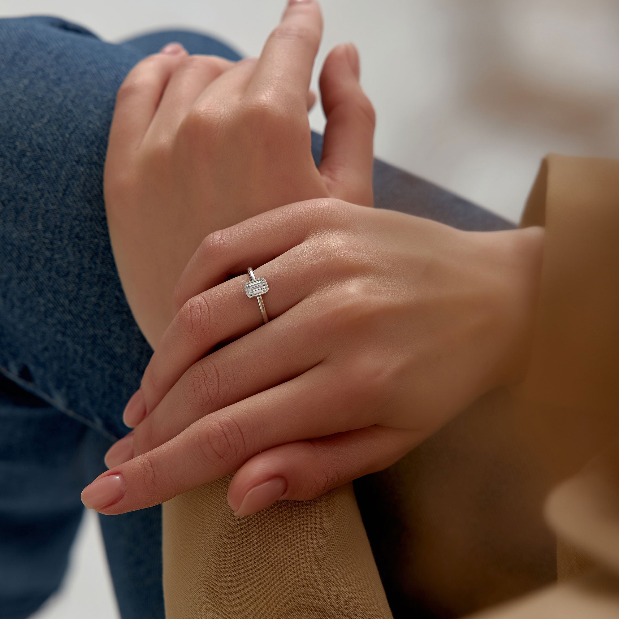 OBFJ1391 - 0.75 - 1.50 ctw 14k Bezel Setting Emerald Cut Lab Grown Diamond Engagement Ring - Anna 4